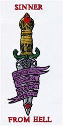 Decorative dagger with a gold and red hilt, surrounded by purple scrolls reading 'SINNER FROM HELL', bold graphic style.