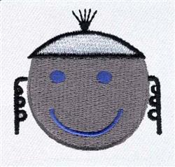 Playful smiley face with grey base, blue eyes, and stylish black haircut designs; perfect for kids' items.