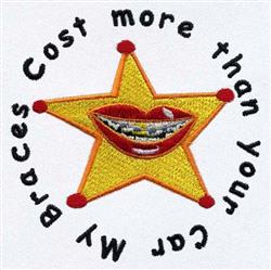 Playful yellow star with a smiling mouth and braces, surrounded by humorous text, in a vibrant and cheerful style.