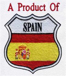Shield with the flag of Spain in vibrant red and yellow, featuring 'A Product Of' text above, bold design.