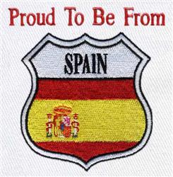 Applique shield with 'SPAIN' in bold black text, featuring Spanish flag colors and 'Proud To Be From' above.