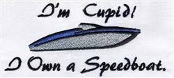 Playful speedboat design with blue shades and black outline featuring humorous text 'I’m Cupid! I Own a Speedboat.'