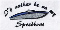 Playful speedboat illustration in blue and gray with the text 'I'd rather be on my Speedboat' surrounding it.