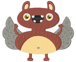 Playful cartoon-style creature with squirrel features, large eyes, grey wings, and a rounded body, perfect for fun projects.