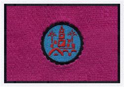Stylized castle outlined in red within a blue circle on a vibrant purple background, playful design.