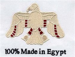 Stylized eagle with spread wings in cream and red, featuring '100% Made in Egypt' in bold black on white. Cultural art.