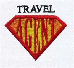 Superhero text design featuring a bold red shield with 'AGENT' in yellow and 'TRAVEL' in black on a vibrant white background.