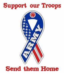 Support ribbon featuring a bold blue design with stars and stripes, vibrant red text for military appreciation.