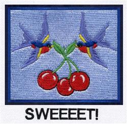 Playful design featuring swallows flying around bright red cherries on a soft blue background with bold 'SWEEEET!' embroidery