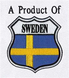 Shield with Swedish flag in blue and yellow, featuring the text 'A Product Of' above, minimal design.