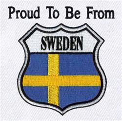 Bold shield with the blue and yellow Swedish flag, featuring 'Proud To Be From' text above on a white background.