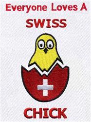 Cartoonish yellow chick in a red egg with a Swiss cross, perfect for Easter celebrations.