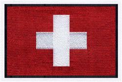 Swiss flag with a bold red background, prominent white cross, and thin black border in flat design.