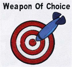Cartoonish target with red and white stripes, blue missile aimed at center, and 'Weapon Of Choice' text.
