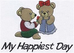 Playful teddy bears in wedding theme: one kneeling with a rose, the other in a blue dress with a red bow.