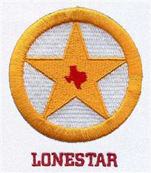 Texas star applique with a bold yellow outline, red Texas shape inside, and 'LONESTAR' in red on a white background.