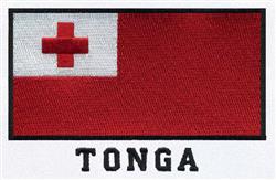 Tonga flag with a red background, white square, red cross, and 'TONGA' embroidered in bold black letters.