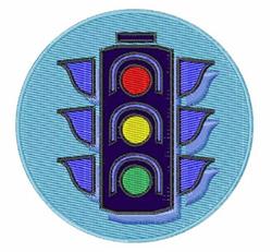 Colorful traffic light with red, yellow, and green lights on a light blue background, perfect for children's themes.