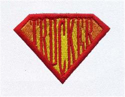 Text patch 'TRUCKER' in bold yellow with a vibrant red border, diamond shape design for playful fashion.