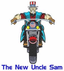 Cartoon Uncle Sam riding a motorcycle with American flag accents; vibrant colors for Independence Day decor.