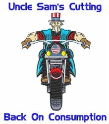 Cartoonish Uncle Sam rides a motorcycle in vibrant red, white, and blue, with bold text below for patriotic events.