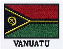 Flag of Vanuatu with bright red and green fields, a bold black triangle, and yellow outline, featuring stitched text 'Vanuatu
