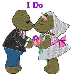 Whimsical wedding bears in vibrant attire kiss, with the bride holding a bouquet and 'I Do' text overhead.