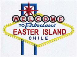 Colorful welcome sign for Easter with red lettering, yellow background, and playful blue accents.