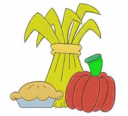 Playful bundle of yellow wheat tied with a band, a vibrant pumpkin, and a light pie, perfect for autumn decoration.