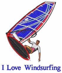Detailed windsurfer with a blue and red sail, riding ocean waves. Colorful summer design with 'I Love Windsurfing' text.