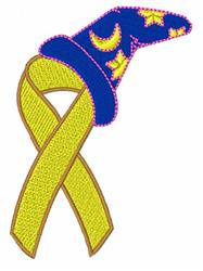 Whimsical blue wizard hat with yellow star and moon patterns, accented by a flowing yellow ribbon.