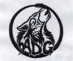Bold wolf head howling inside a circular border with text 'ADG', featuring striking black on white contrast.