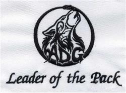 Bold wolf head howling within a circular outline, featuring 'Leader of the Pack' in cursive on a black and white background.