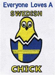 Playful yellow chick emerging from a blue egg with a Swedish flag stripe, perfect for Easter celebrations.
