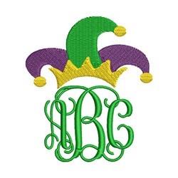 Colorful jester hat with purple and green, topped with yellow pom-poms, featuring a playful green 'HBC' monogram, perfect for