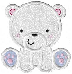 Applique bear with a soft white texture, pink ears, and blue paws, capturing a cute and playful appearance.