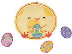 Applique yellow chick cheerfully holding a decorated Easter egg with colorful purple, pink, and blue eggs around.