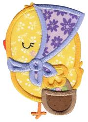 Applique chick in a floral bonnet holding a basket of flowers, cheerful and playful for Easter.