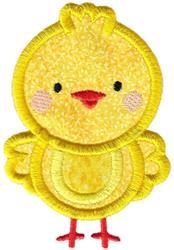 Applique chick in vibrant yellow with cute facial features and round shapes, perfect for Easter projects.