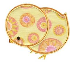 Applique chick with a cheerful black eye on a vibrant yellow background adorned with pink flowers for Easter.