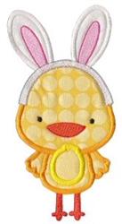 Applique yellow chick with playful pink rabbit ears and a polka dot pattern, perfect for Easter celebrations.