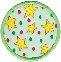 Applique circular patch featuring a light green background, bright yellow stars, and red and green dots, perfect for holiday
