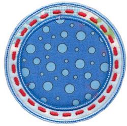 Applique circular patch with a vibrant blue background, white dots, red accents, and a stitched border.