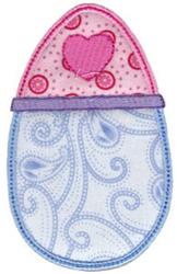 Applique decorative egg shape in pink and blue, featuring hearts and swirls, perfect for Easter.