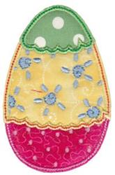 Applique decorative egg with a colorful floral design, featuring a green top with polka dots, yellow body, and pink bottom.