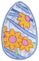 Applique decorative egg adorned with vibrant yellow flowers, pink centers, and blue stripes for cheerful spring decor.