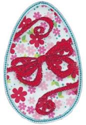 Applique decorative egg adorned with vibrant flowers and a red bow, perfect for Easter spring celebrations.