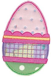 Applique Easter egg with blue polka dots, vibrant layered band, and grid base in pastel colors for a cheerful Easter.