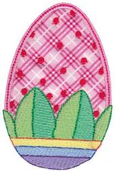 Applique decorative egg with a pink checkered pattern, vibrant green leaves, and a multi-colored base, perfect for Easter.