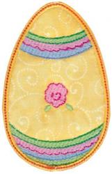 Applique decorative Easter egg featuring a bright yellow background, colorful green and blue stripes, and a pink flower cente